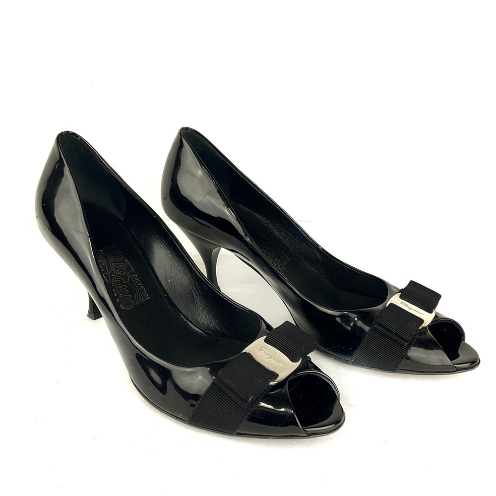Salvatore Ferragamo Black Peep-Toe Ribbon Pumps